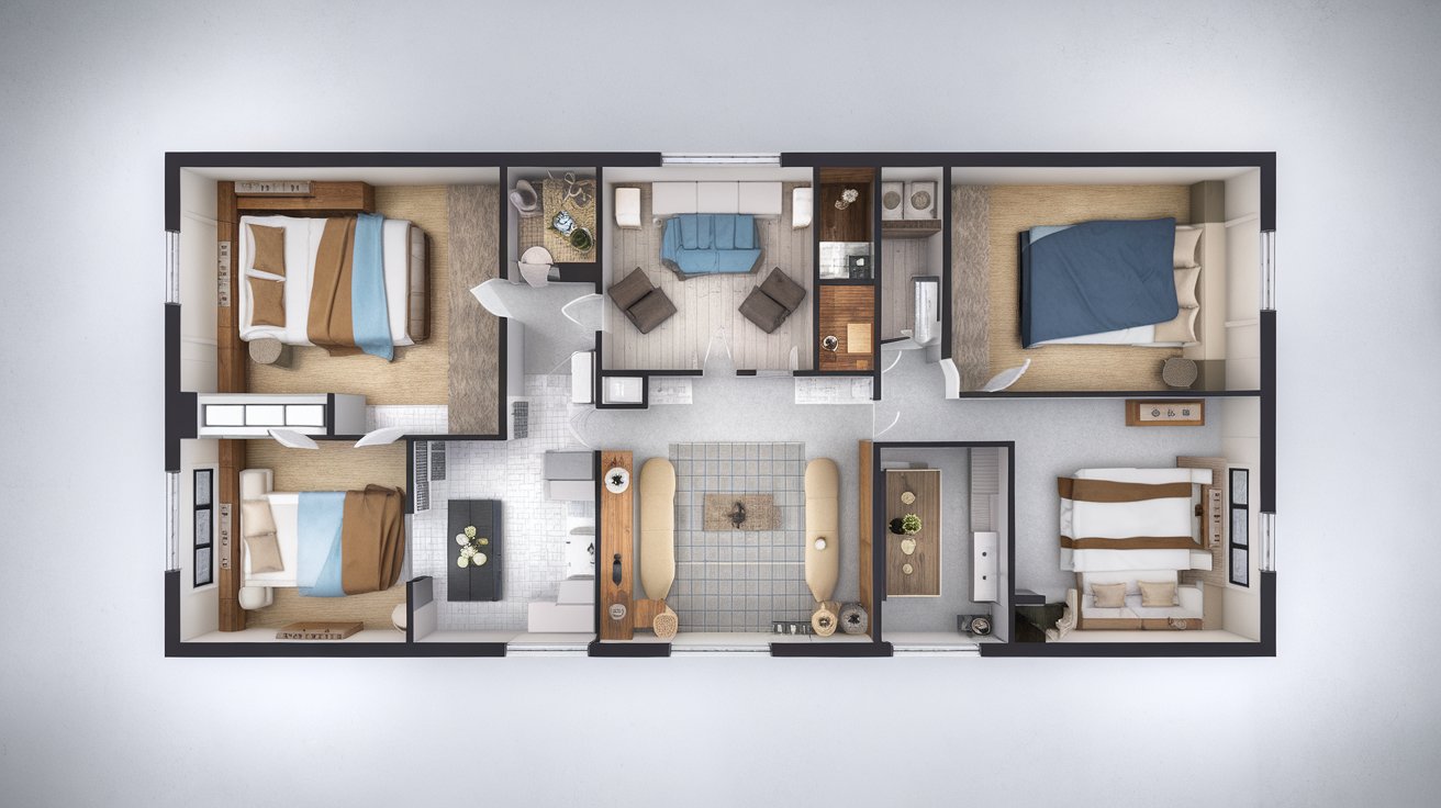 3D rendering showcasing a modern bedroom and living room with stylish furniture and decor elements.