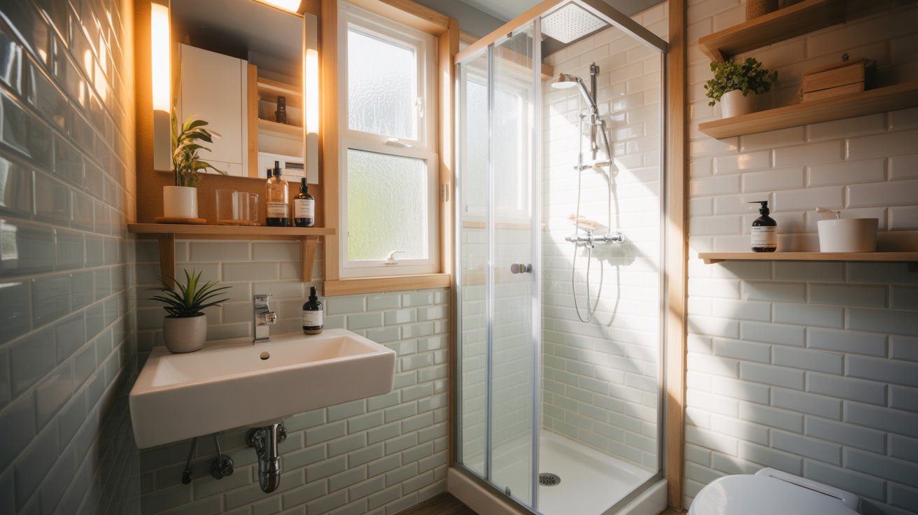 A bathroom featuring a shower, toilet, and sink, with neutral-colored tiles and modern fixtures.