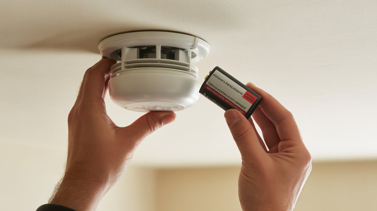 A person holds a small device connected to a smoke detector, indicating a maintenance or testing procedure.