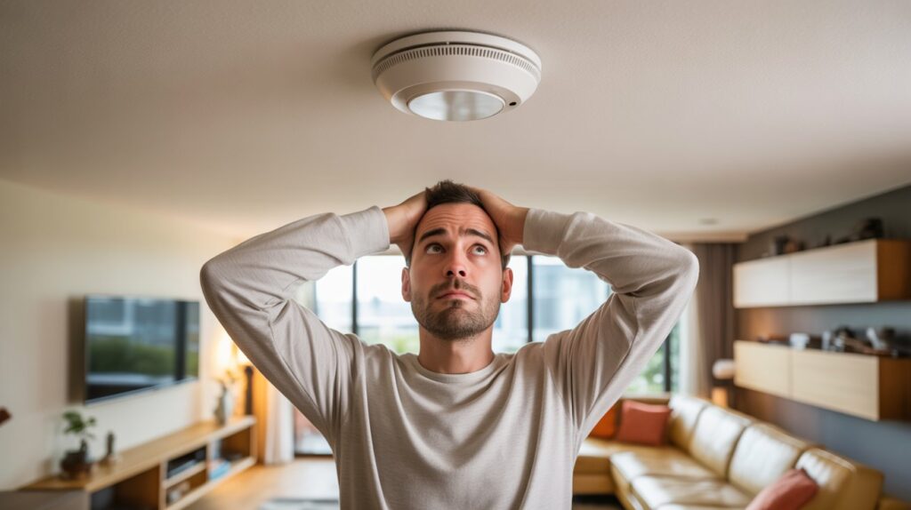 A man gazes upward, holding his head high, as he inspects a smoke detector on the ceiling.