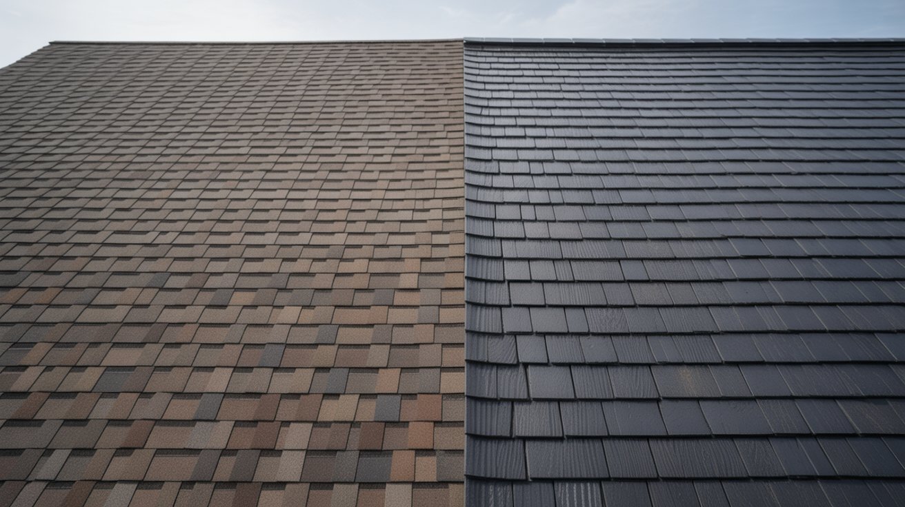 Two distinct types of roofing tiles displayed on a building, showcasing different colors and textures.