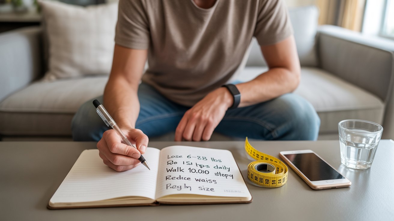 Man writing in a notebook while using a smartphone and measuring tape on a table.