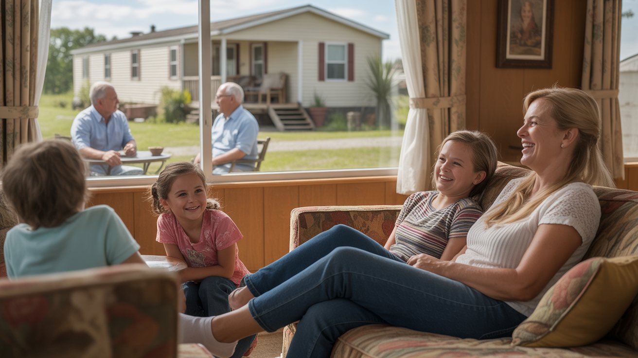 A family sits on a couch by a window, with a mobile home visible in the background.