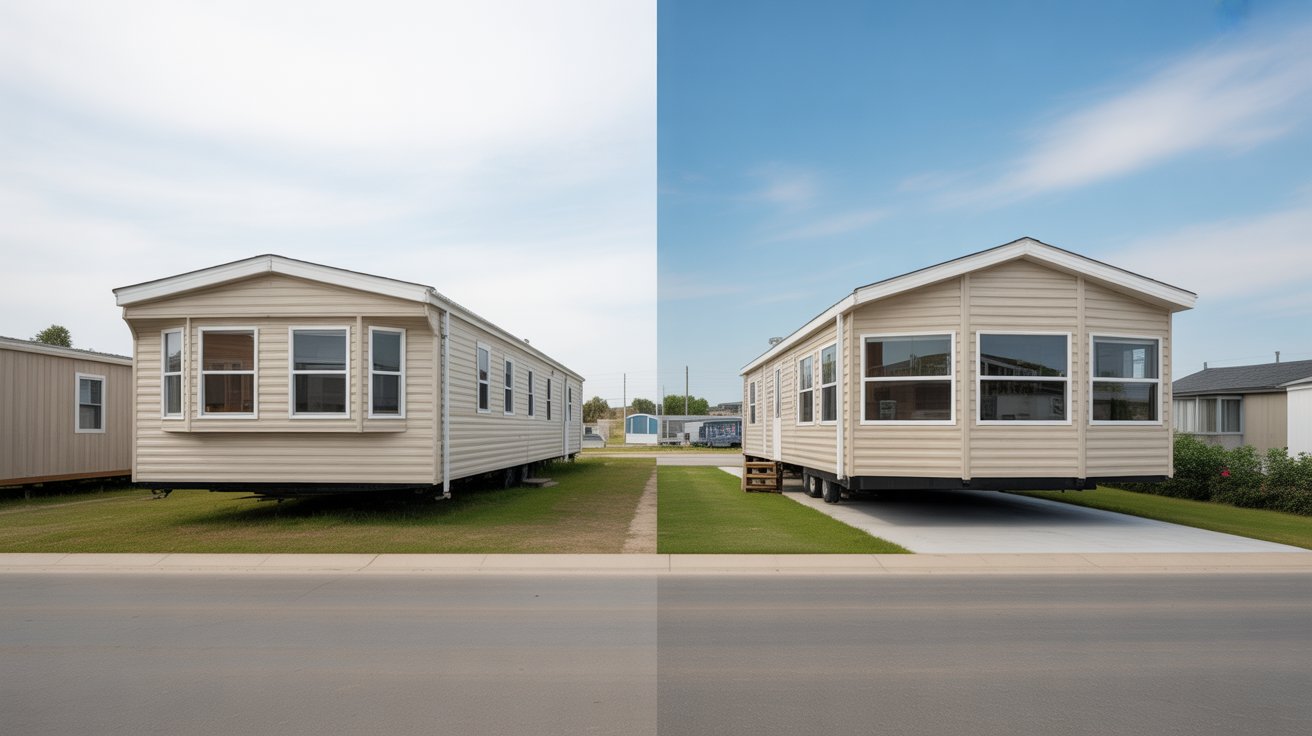 Two images of a mobile home showcasing different angles and designs, highlighting its exterior features and layout.