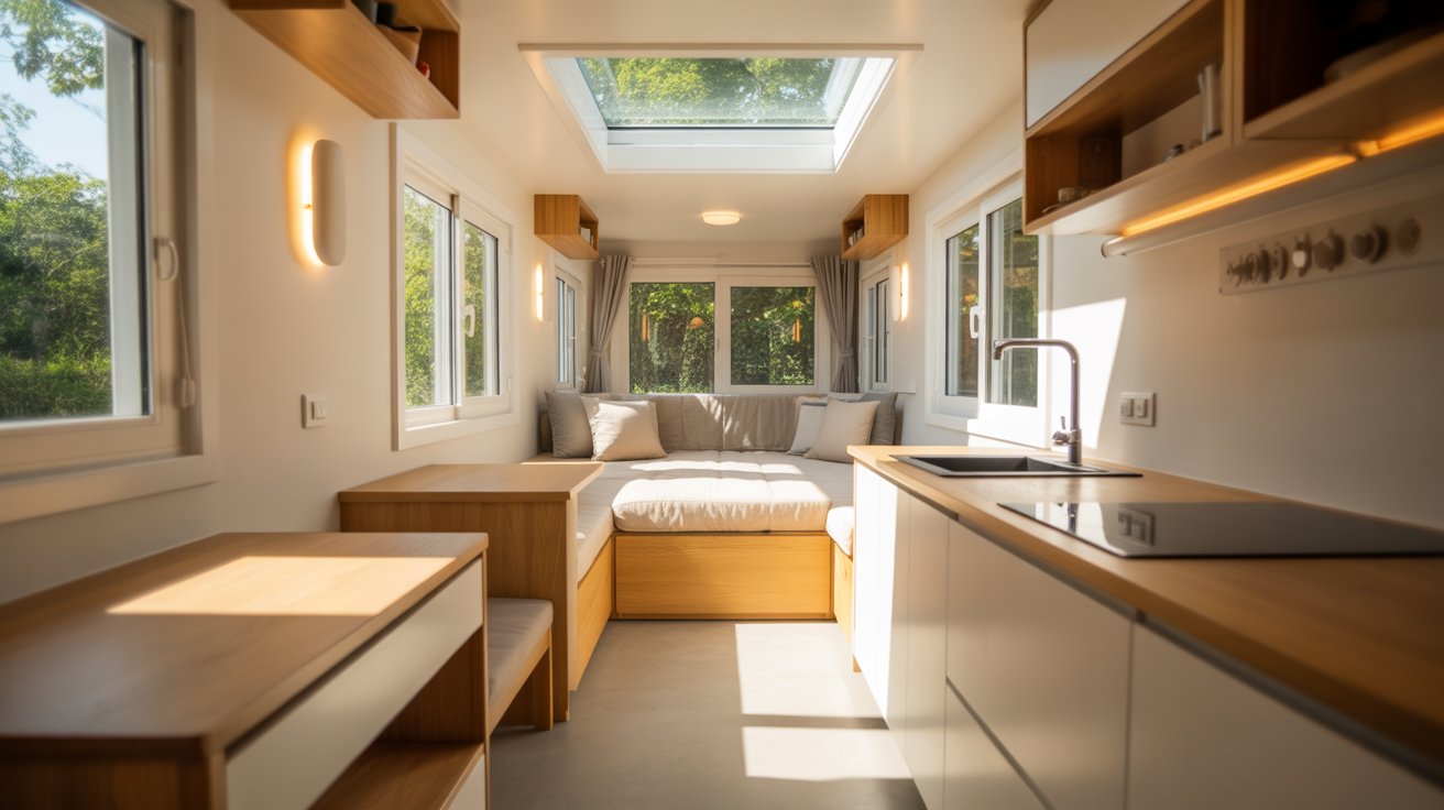 A cozy tiny home featuring a skylight and a compact kitchen, showcasing modern design and efficient use of space.