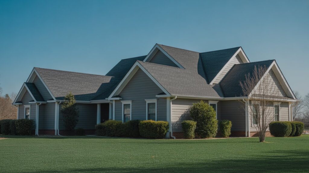 A gray house surrounded by a spacious green lawn, showcasing a well-maintained outdoor area.