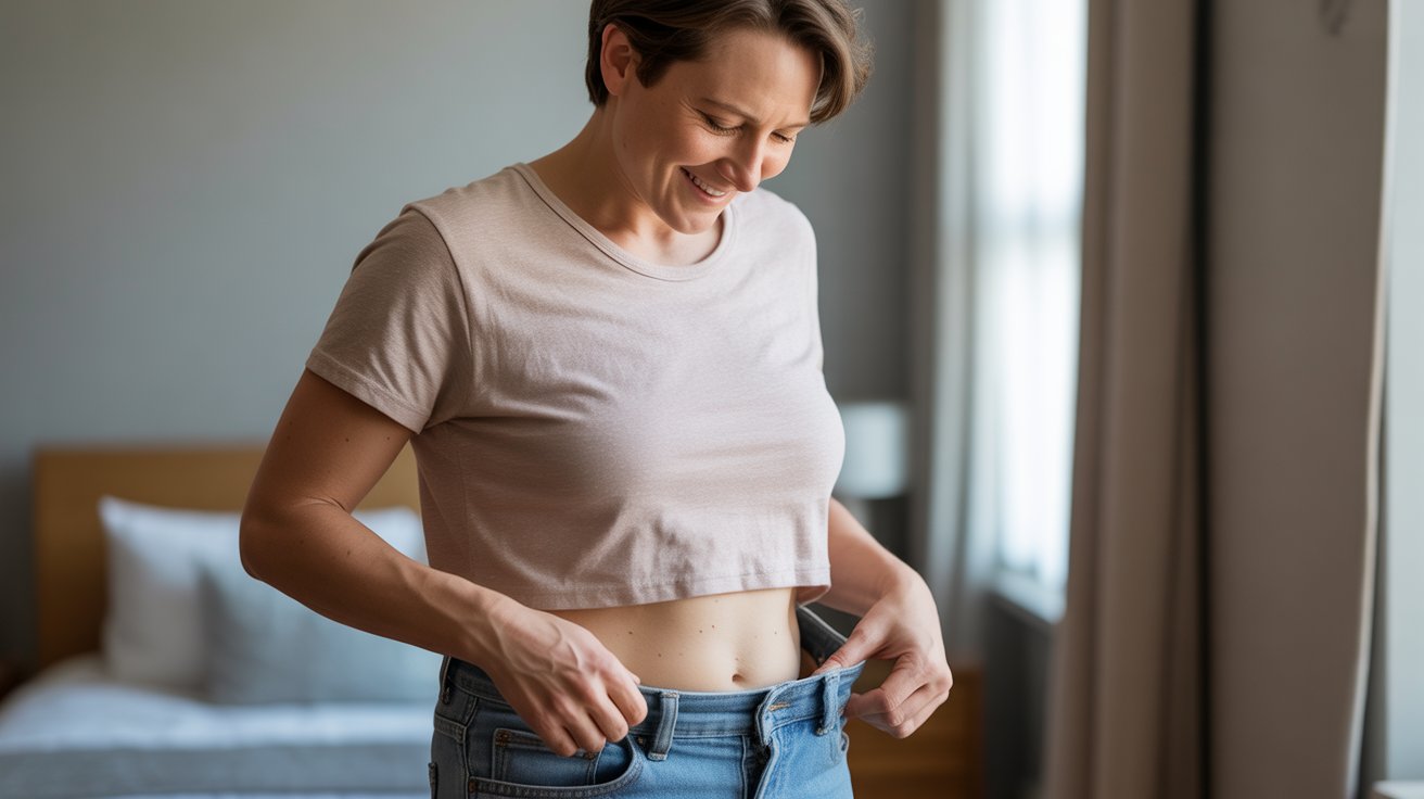 A woman in jeans stands by a bed, facing forward with a calm demeanor in a well-lit room.
