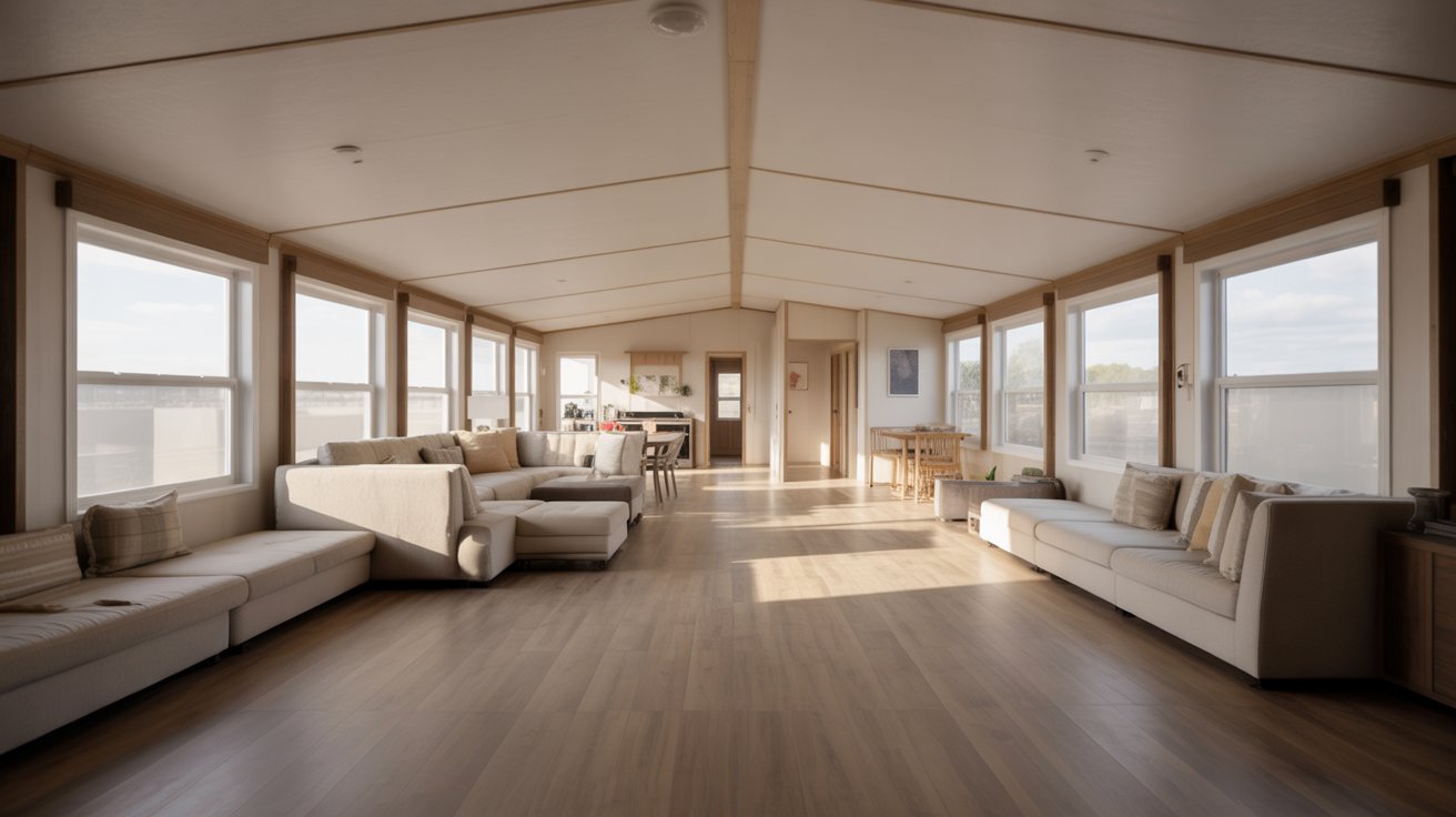 A spacious living room featuring a large window and polished wooden floors, creating a bright and inviting atmosphere.