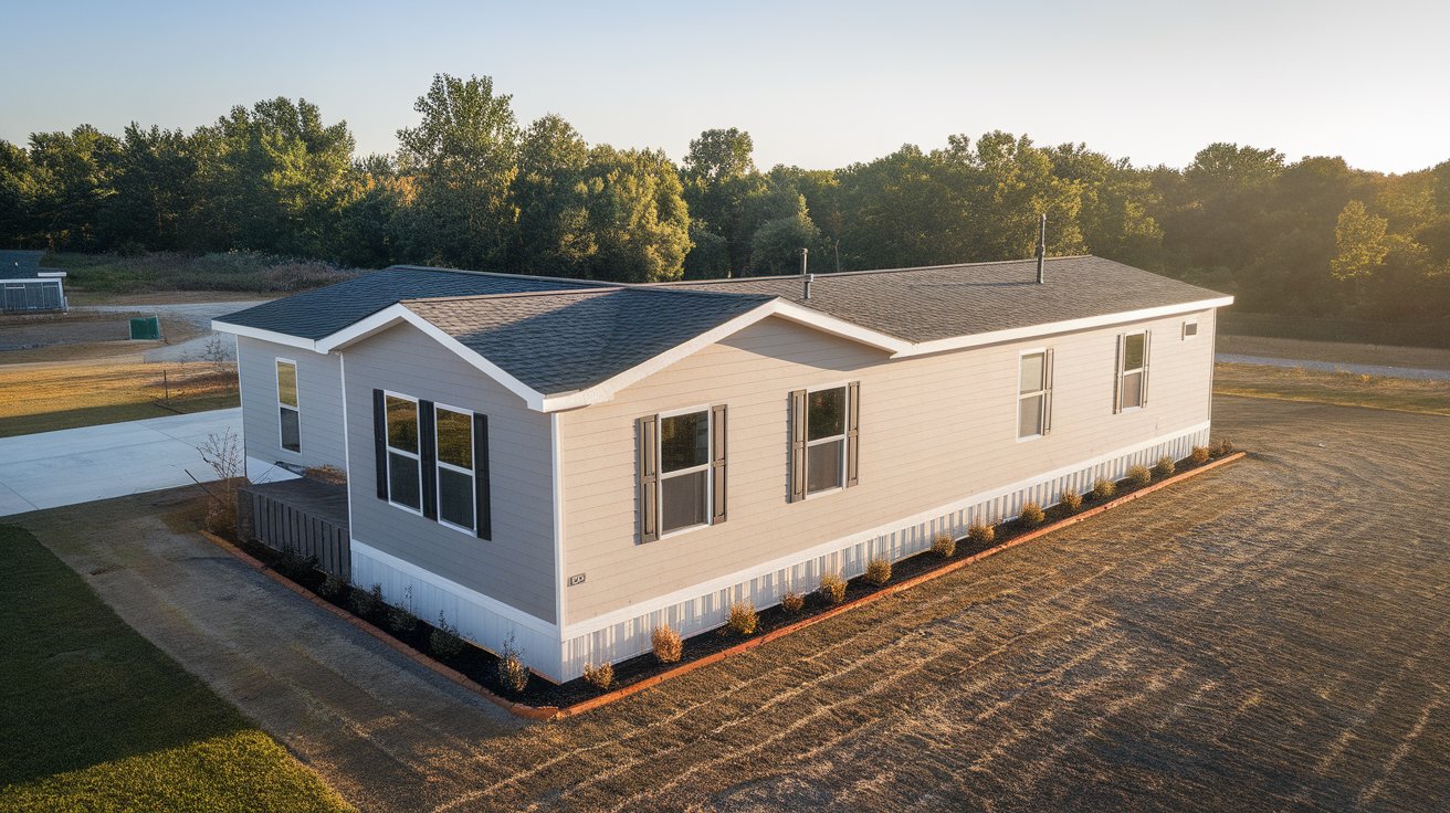 Aerial view of a mobile home surrounded by greenery and pathways.