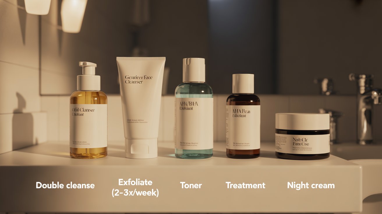 A variety of bathroom products neatly arranged on a counter, including toiletries and personal care items.