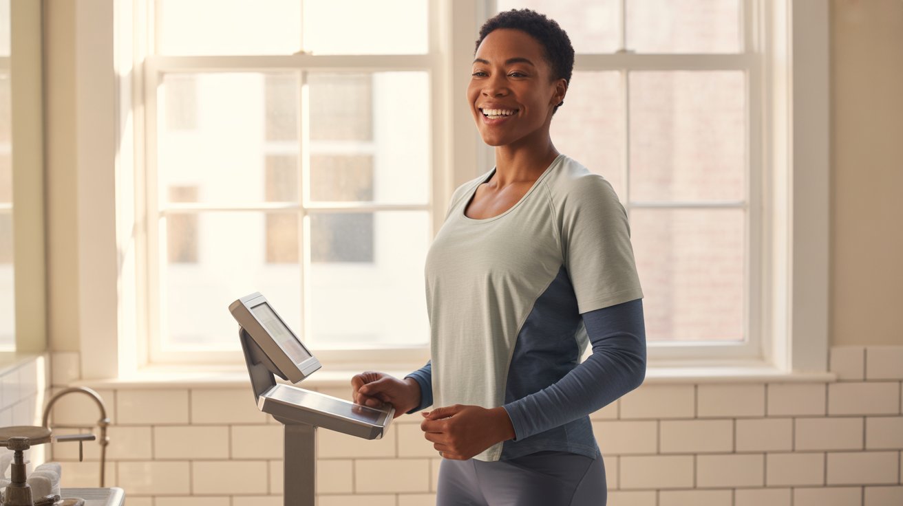 A woman exercises on a machine in a modern kitchen, surrounded by appliances and natural light.
