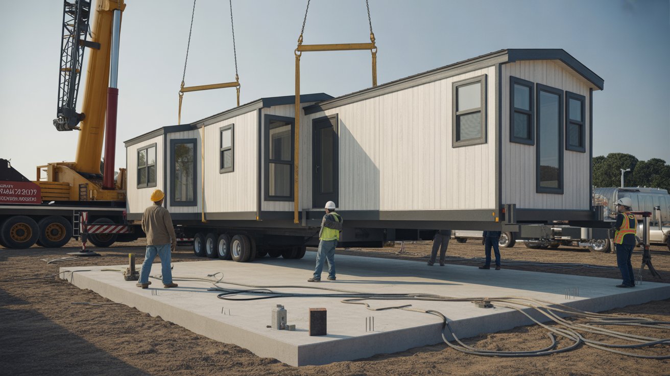 A man lifts a house onto a truck, showcasing an unusual scene of heavy lifting and transportation.