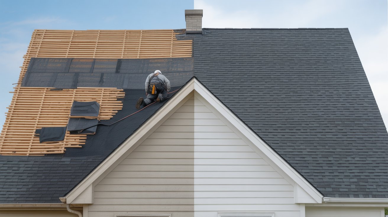 A man is repairing the roof of a house under a clear blue sky.
