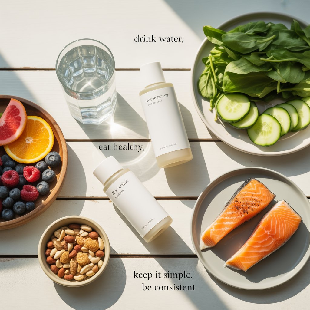 A table set with a plate of food, a glass of water, and a bottle of water, ready for a meal.
