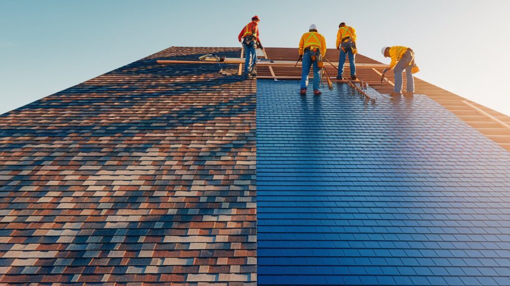 Three men installing a solar panel on a roof, collaborating to enhance energy efficiency and sustainability.