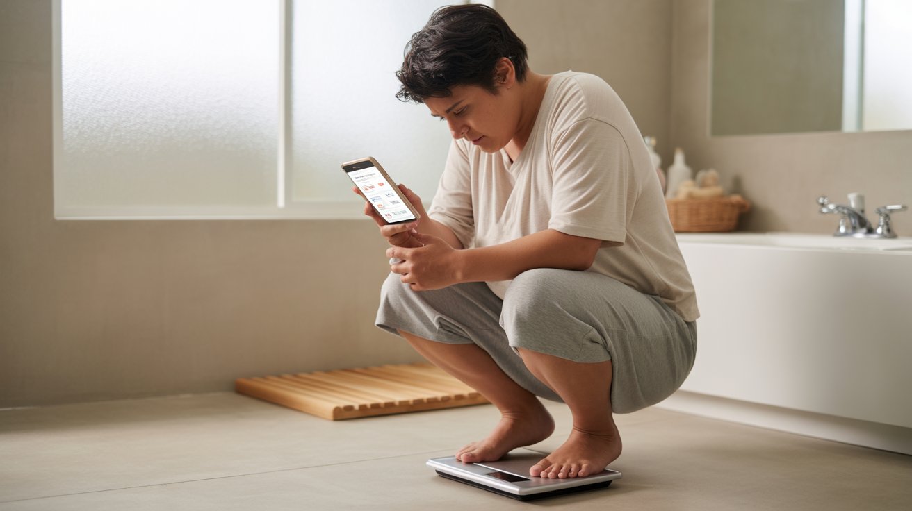 A woman stands on a scale, holding a smartphone to track her weight.