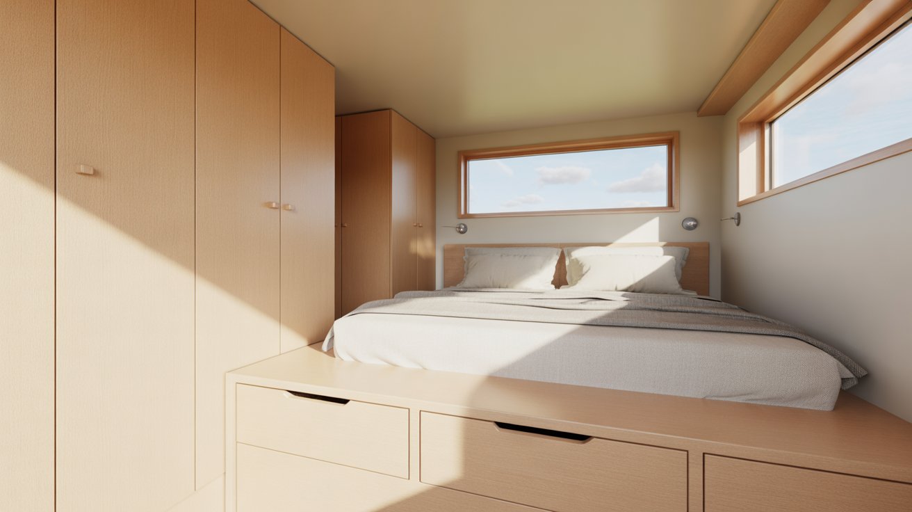 A cozy bedroom featuring a neatly made bed and a large window allowing natural light to enter.