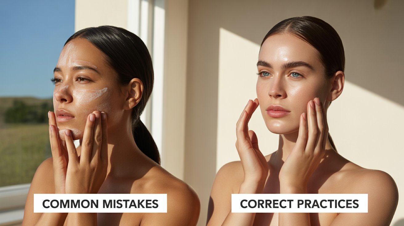 Infographic illustrating common skin care mistakes alongside correct practices for healthy skin.

