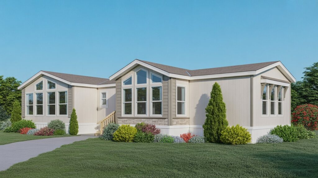 A rendering of a mobile home featuring a welcoming front porch, showcasing its inviting exterior design.
