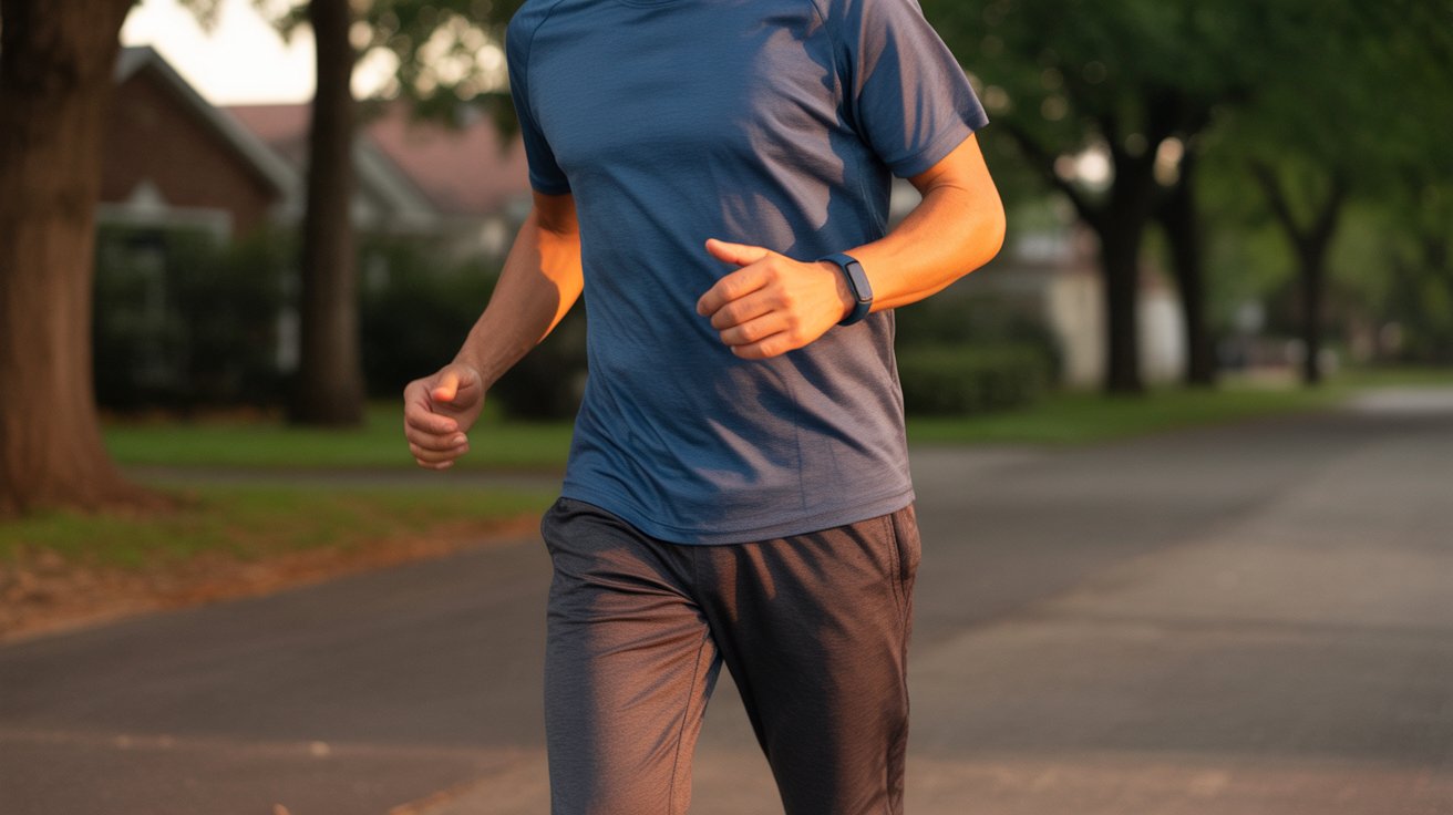 A man is running along a road, wearing athletic gear and focused on his exercise.