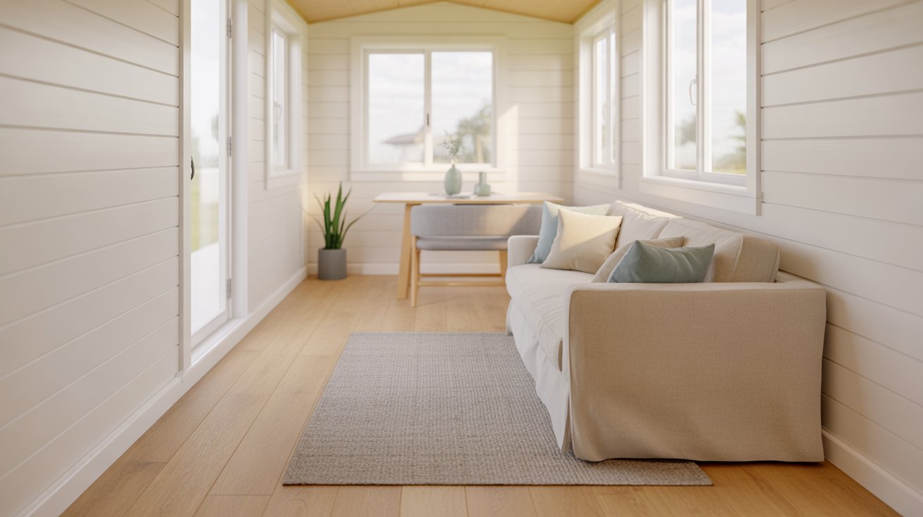 A small room featuring a couch and a table, creating a cozy and inviting atmosphere.
