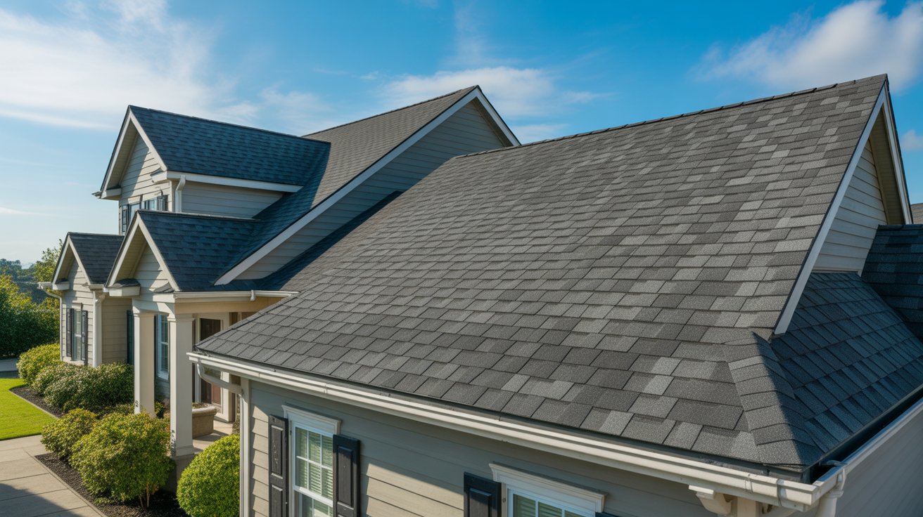 A house featuring a gray roof adorned with black shingles on one side.
