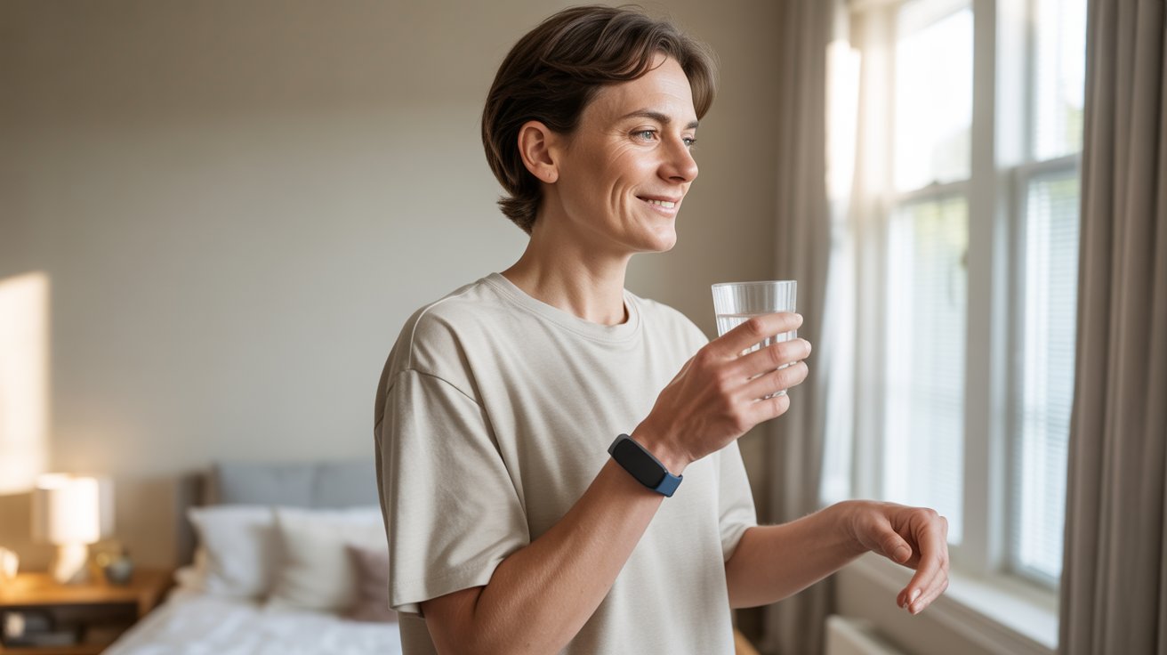 A woman holds a glass of water in front of her, smiling gently as she prepares to take a sip.