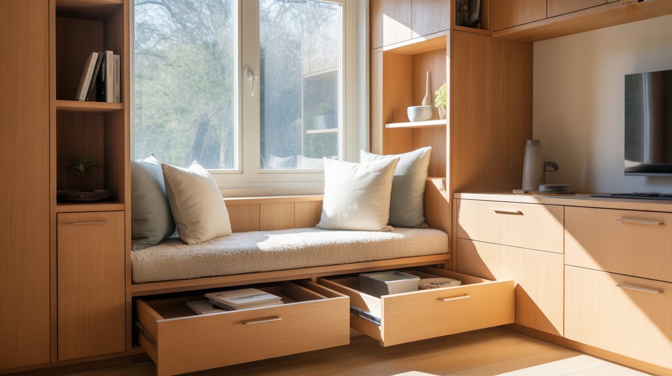 A small office featuring a cozy window seat and storage drawers, creating a functional and inviting workspace.
