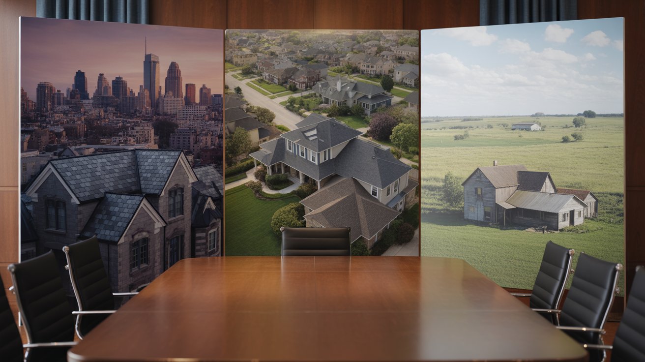 A conference room featuring three large framed pictures of various houses on the walls.
