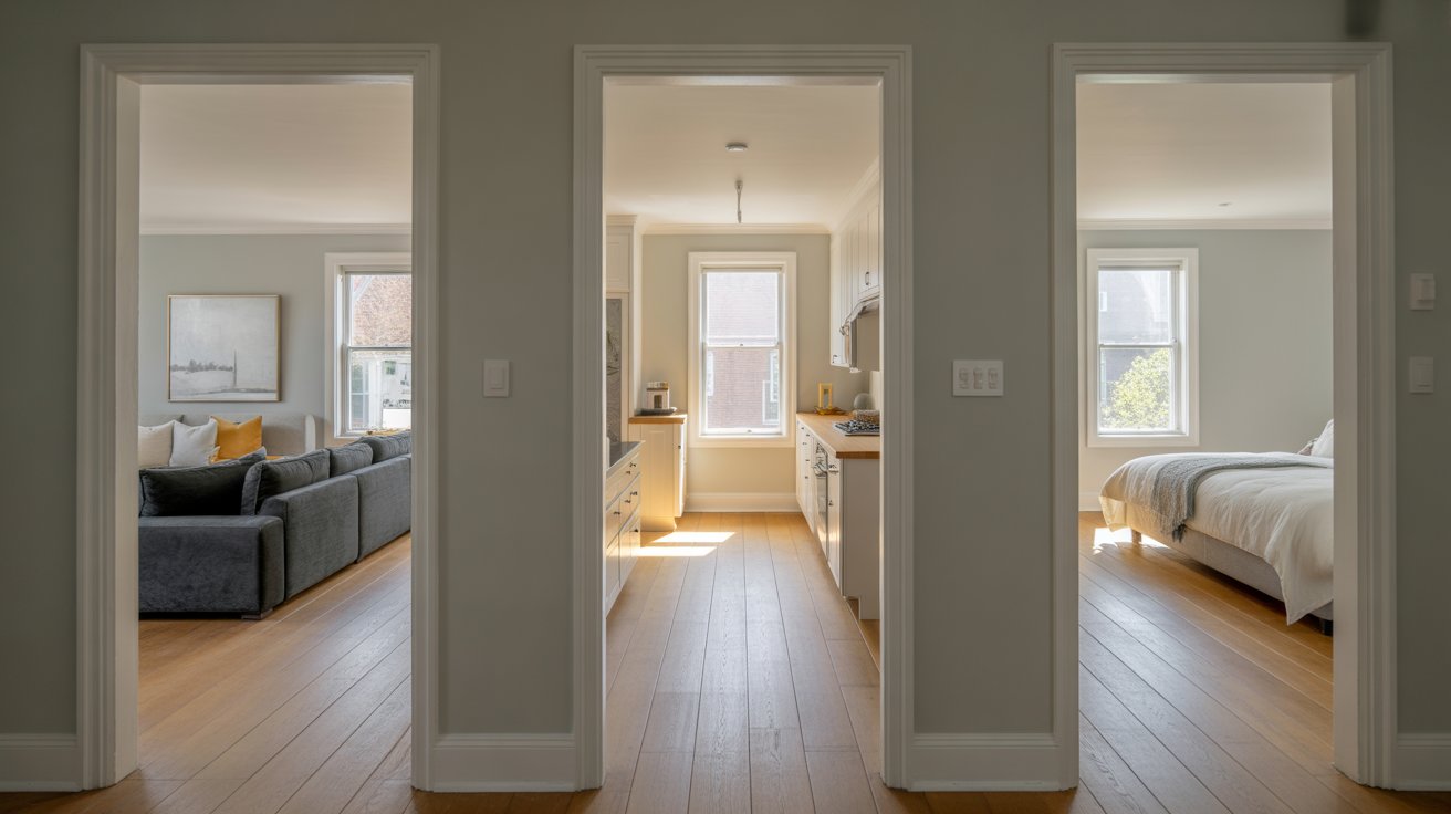 A room featuring two doors that open into a spacious living room.