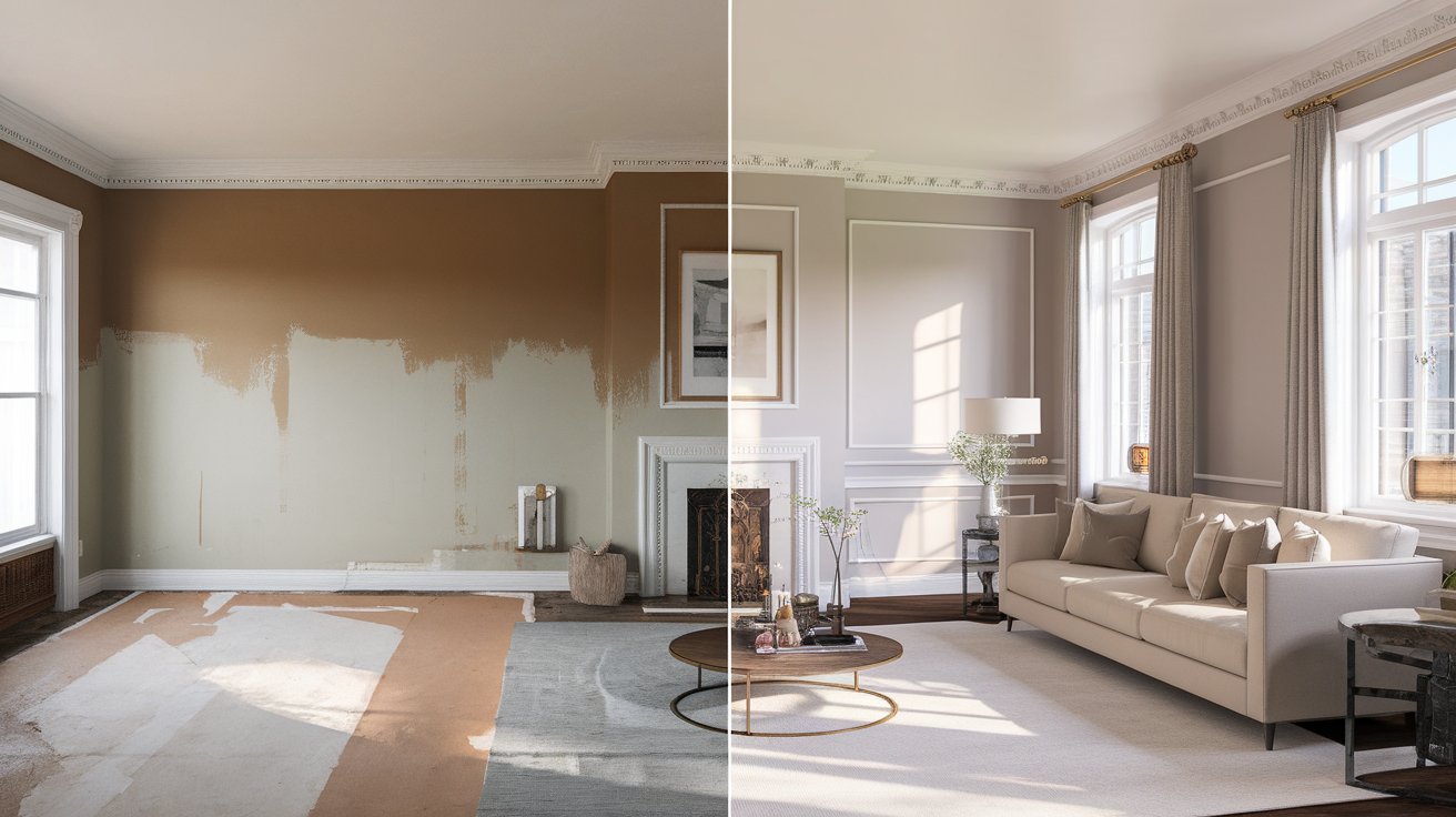 Side-by-side comparison of a living room before and after renovation, showcasing updated decor and furniture.