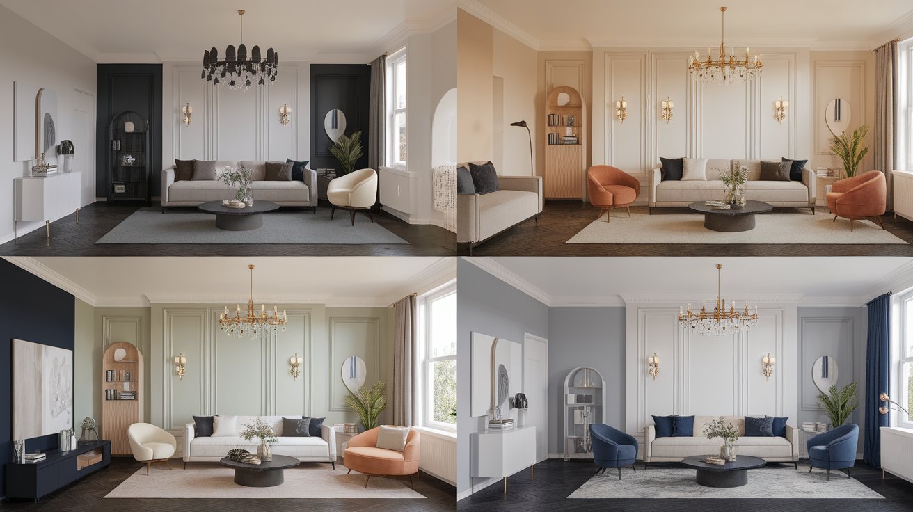 A collage featuring four distinct living rooms, showcasing various styles and decor elements in each space.
