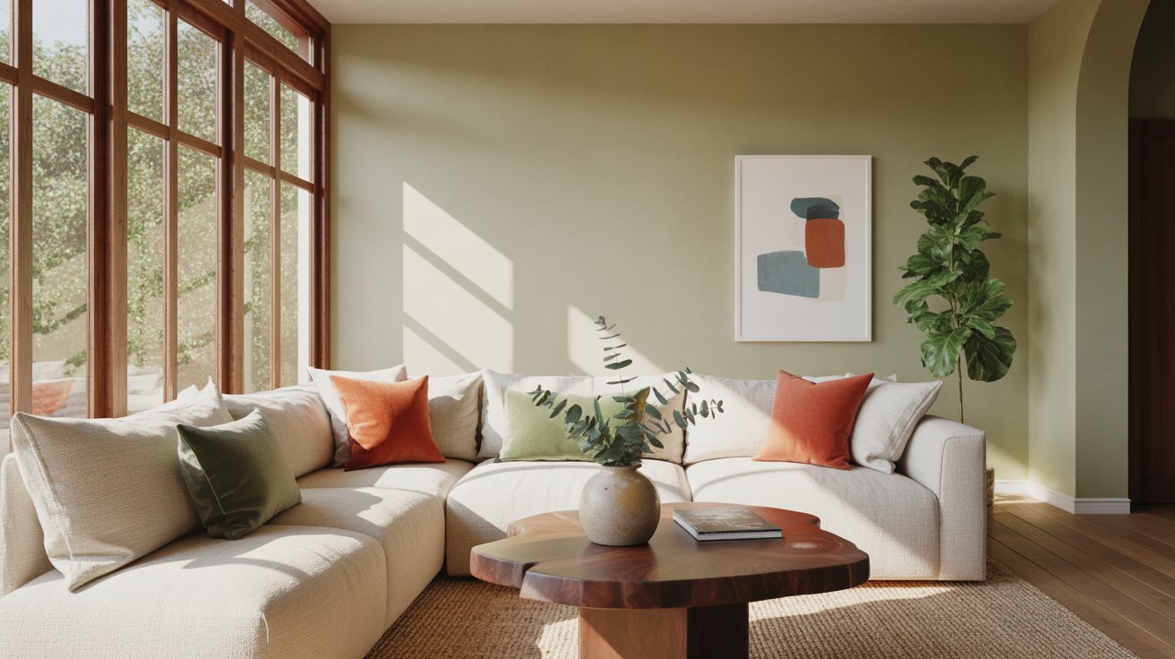 A living room featuring green walls and white furniture, creating a fresh and modern atmosphere.