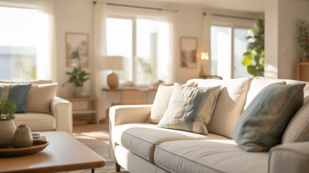 A cozy living room featuring two couches arranged around a central coffee table.