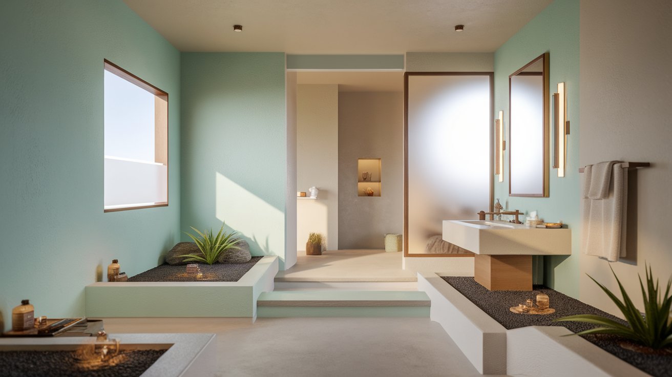 A spacious bathroom featuring a large window and an elegant, oversized bathtub.