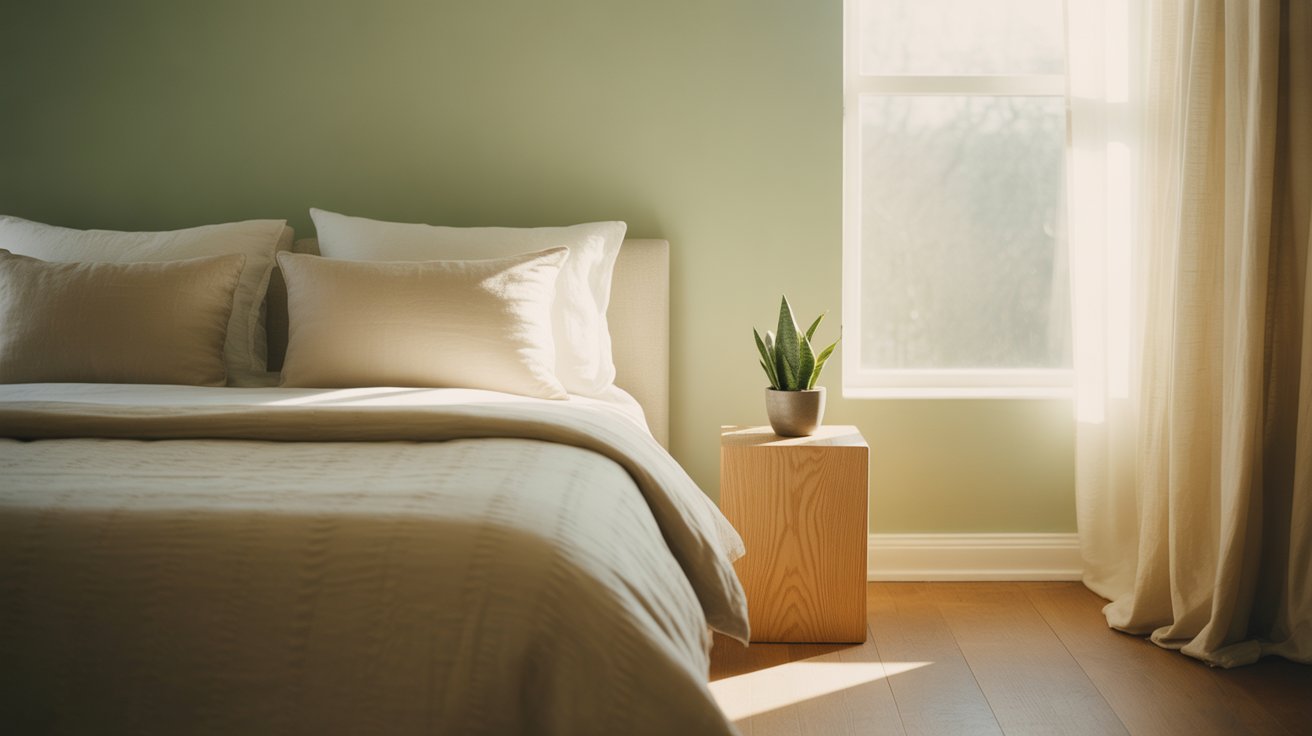 A bed with white sheets and a potted plant on a nearby table, creating a serene and inviting atmosphere.