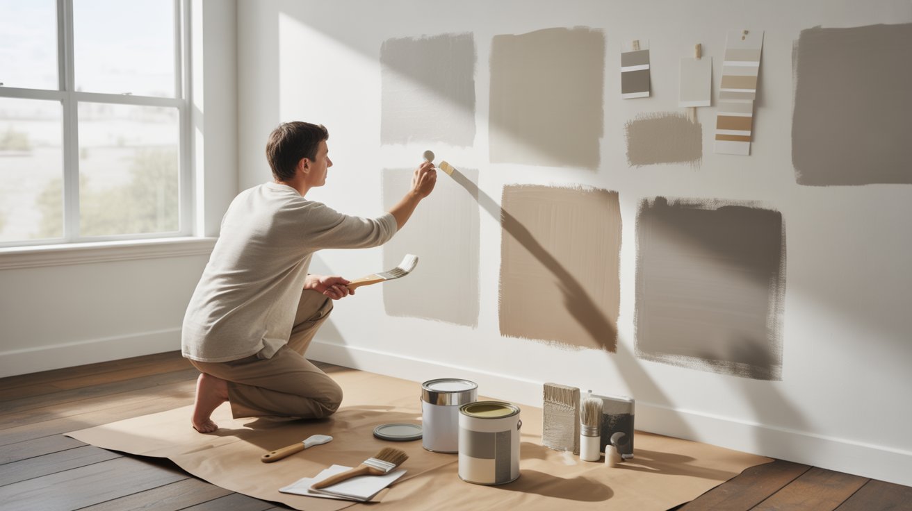 A man painting a room with a roller, surrounded by paint supplies and a partially painted wall.