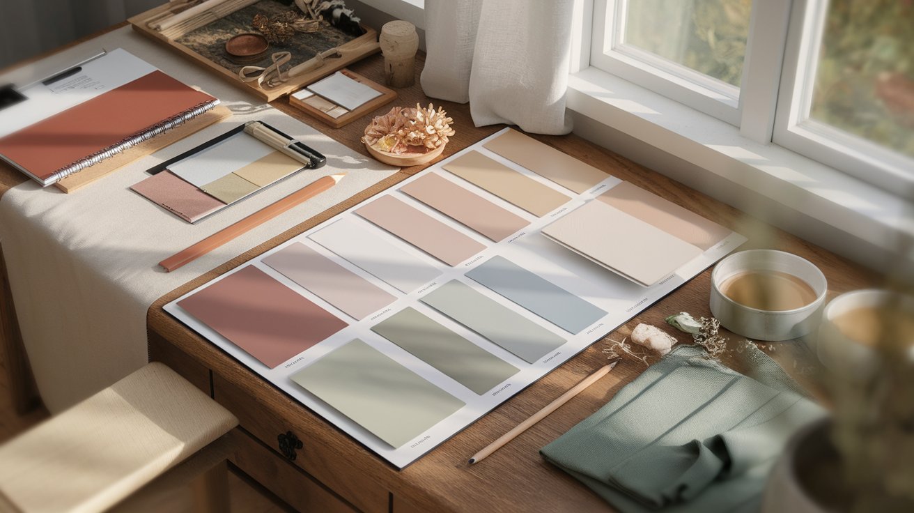 A desk displaying various paint samples alongside brushes and other art supplies.