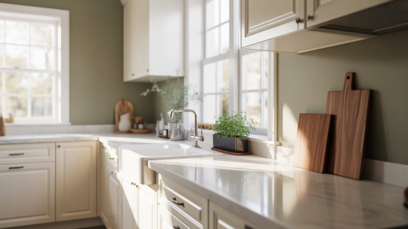 A kitchen featuring white cabinets and green walls, creating a fresh and modern atmosphere.
