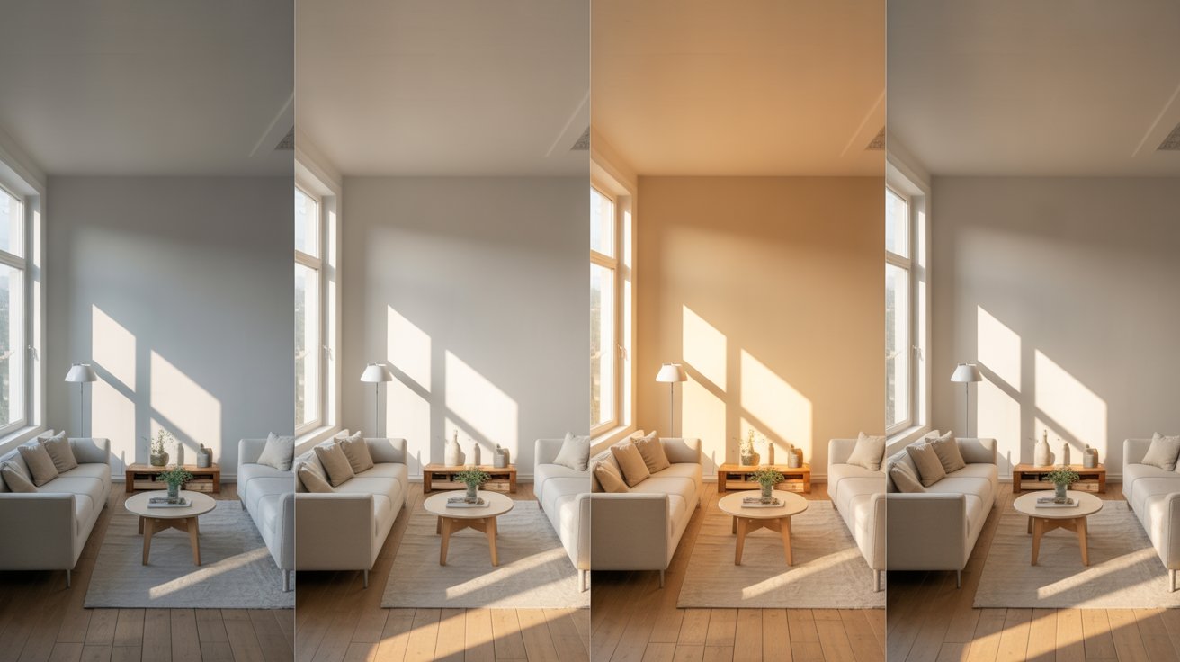 Four images of a bright living room, each showcasing sunlight streaming through large windows.