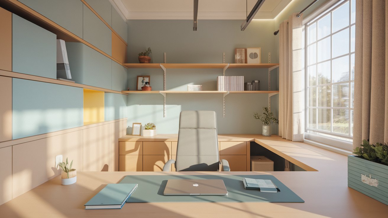 A home office featuring a desk with a computer and shelves filled with books and decorative items.