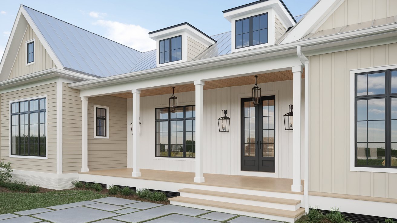 Modern farmhouse with Benjamin Moore Pale Oak siding, White Dove trim, a Hale Navy front door, and natural stone accents in bright sunlight.