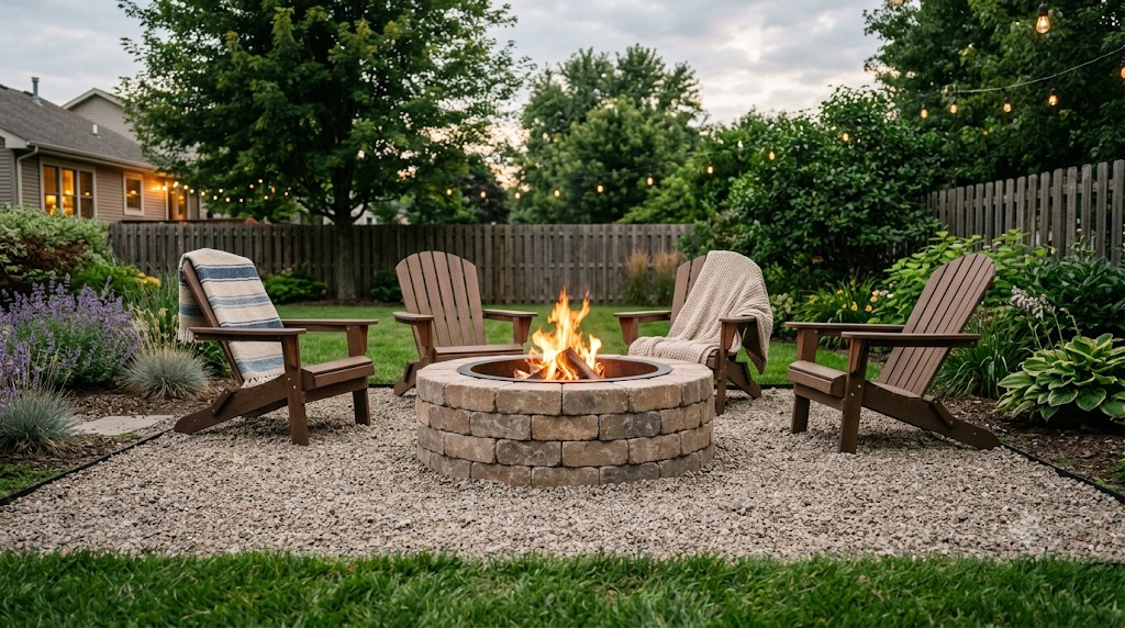 DIY paver fire pit made from stacked concrete blocks with outdoor chairs in a simple cozy backyard.