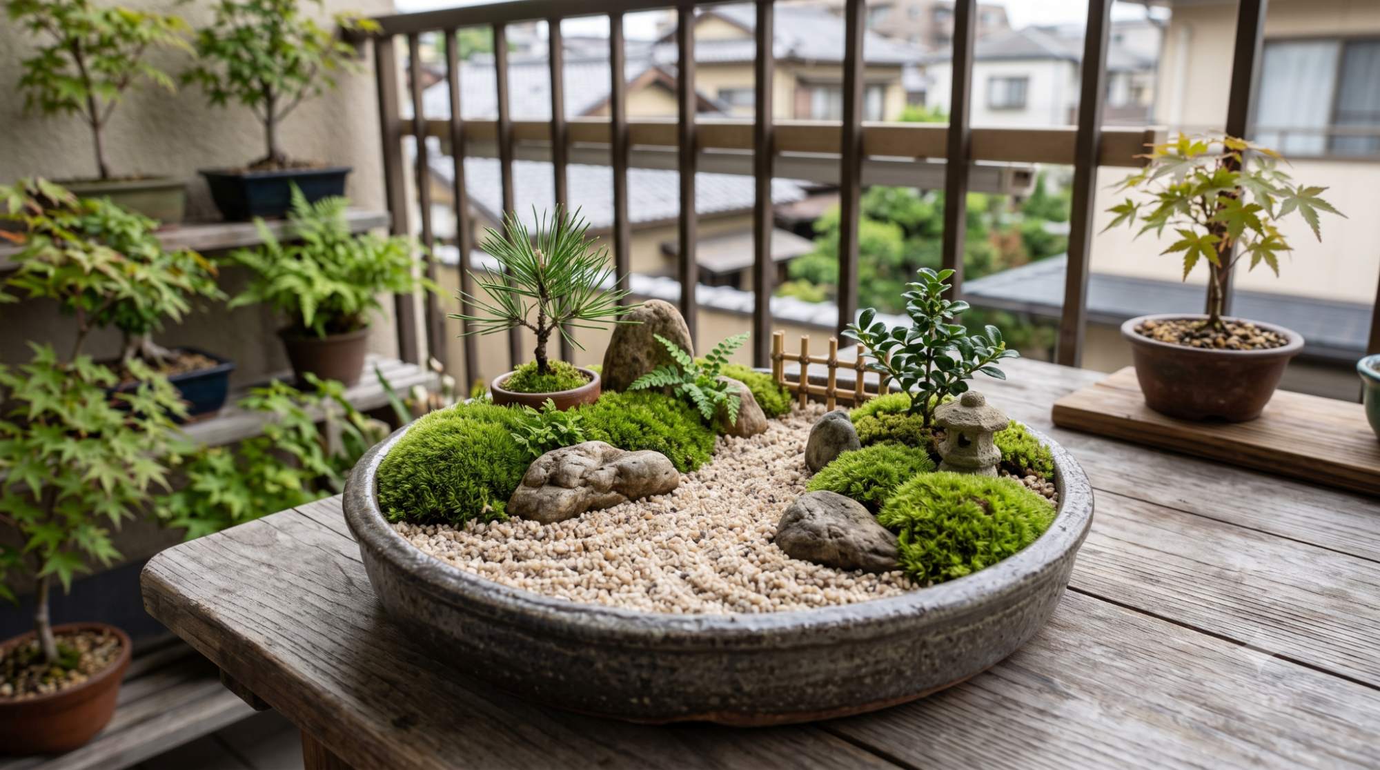 Mini Japanese garden in a shallow container with gravel, moss, small stones, and dwarf plants for a balcony or patio.