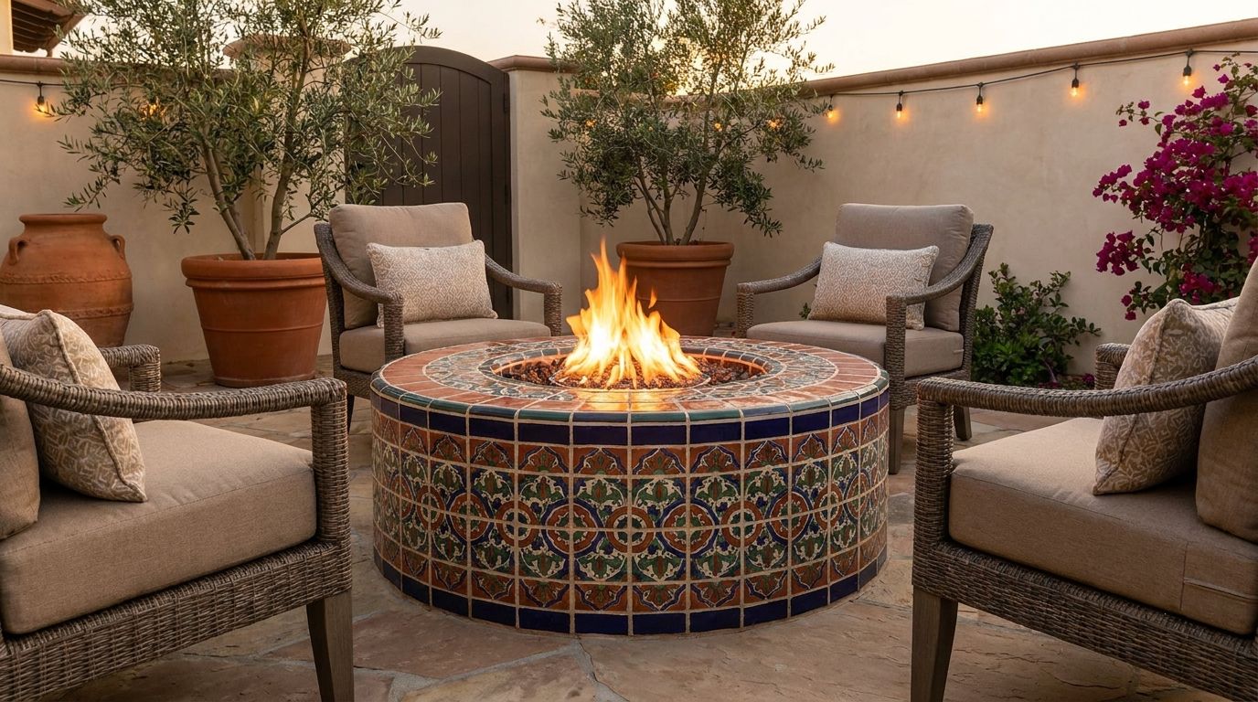 Tiled fire pit with colorful mosaic detail and cozy seating in a stylish Mediterranean-inspired backyard.