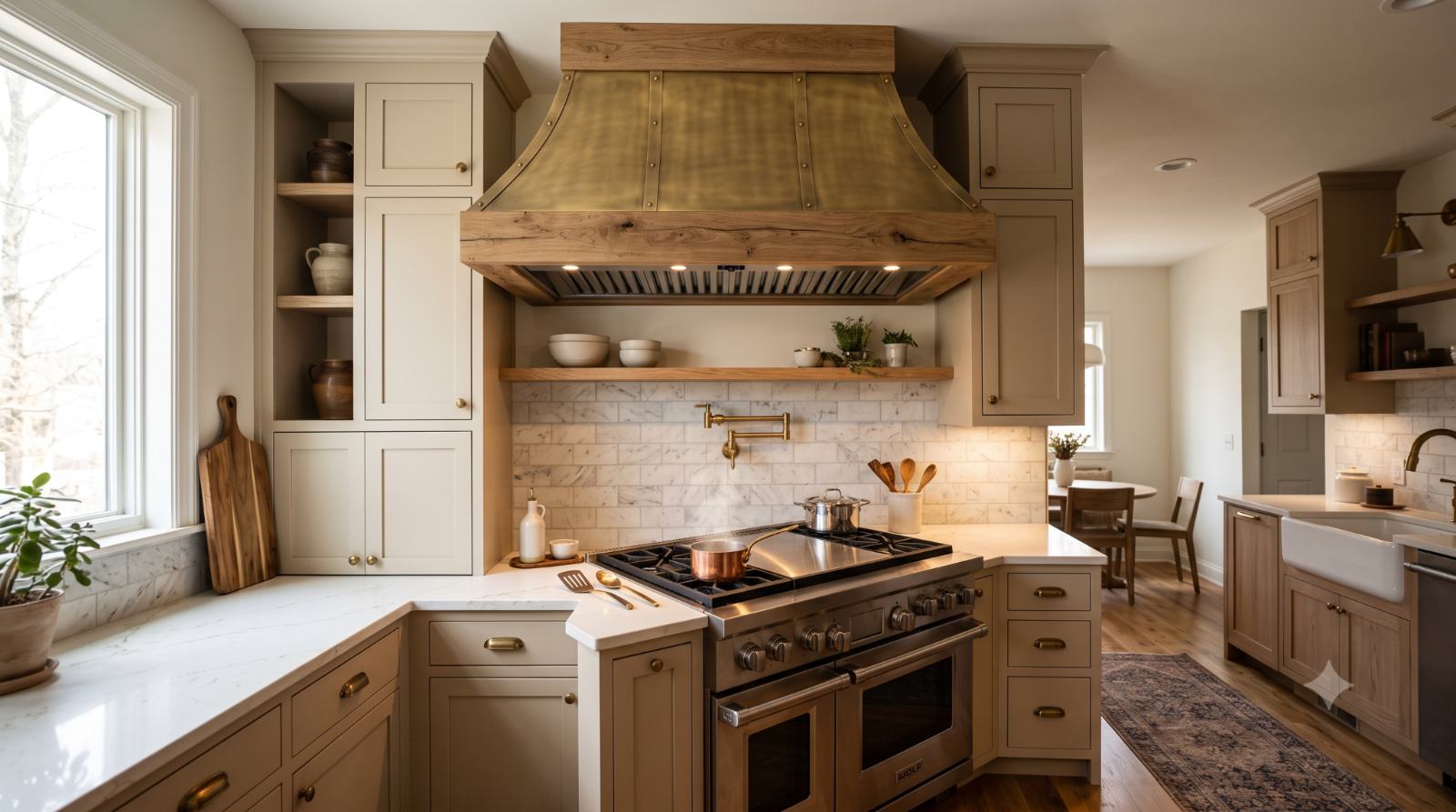 Realistic kitchen with a custom range hood above the stove, showing a stylish centerpiece that helps control cooking smells, steam, and smoke.