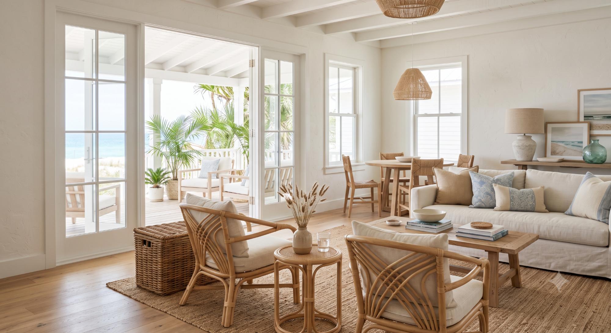 Beach house interior with rattan chairs, wicker accents, linen furniture, natural light, and relaxed coastal texture.