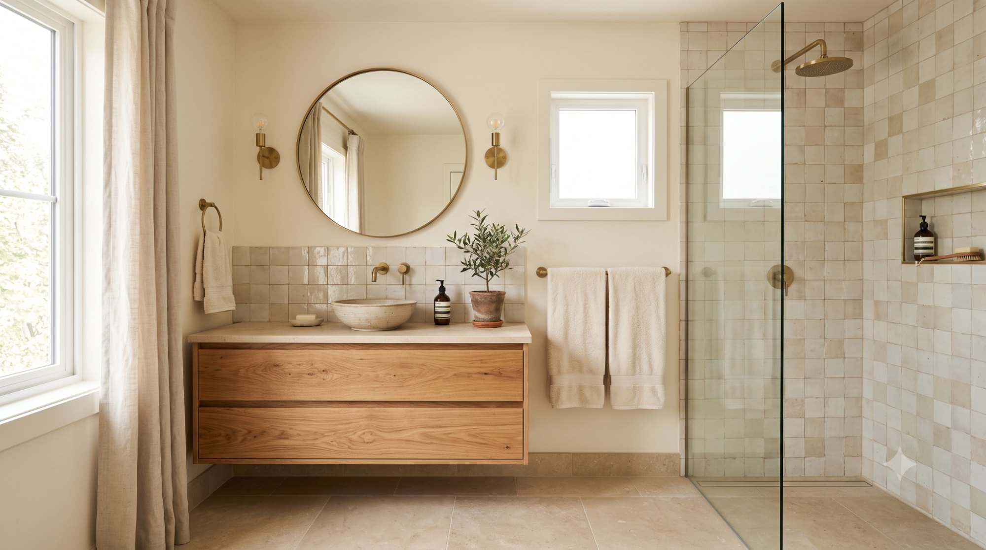 Bathroom with Swiss Coffee warm off-white walls, warm wood vanity, brass fixtures, and beige cream tile.