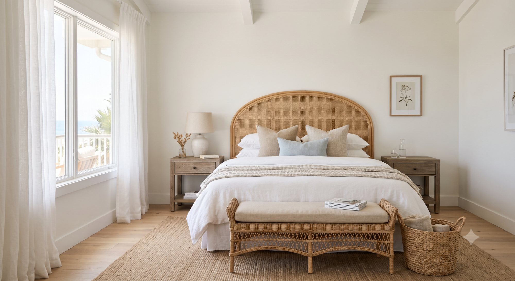 Beach house bedroom with a rattan headboard, white bedding, wood nightstands, soft wall color, and relaxed coastal styling.