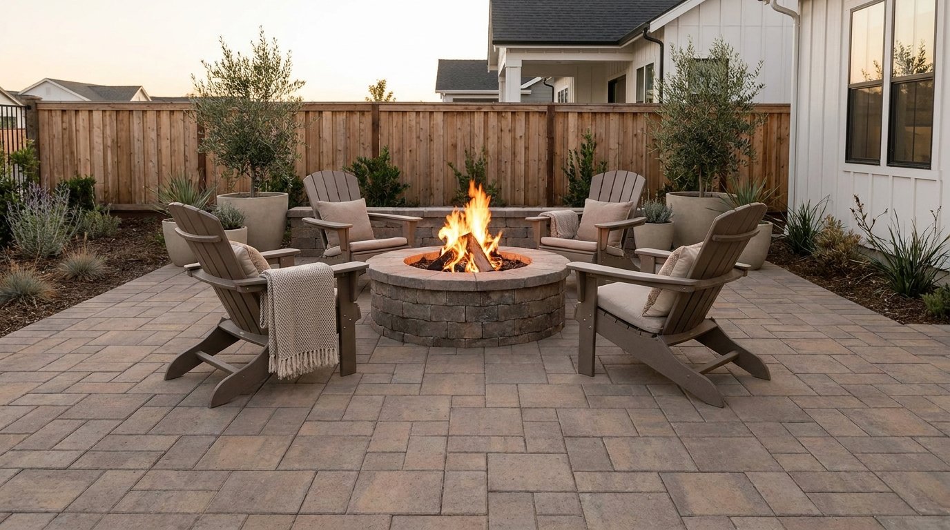 Fire pit with a finished paver patio, cozy outdoor chairs, and a safe durable backyard seating area.